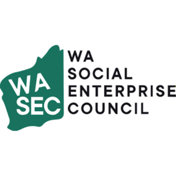 WA Social Enterprise Council logo with bold text and a green shape representing Western Australia containing the letters “WASEC.”